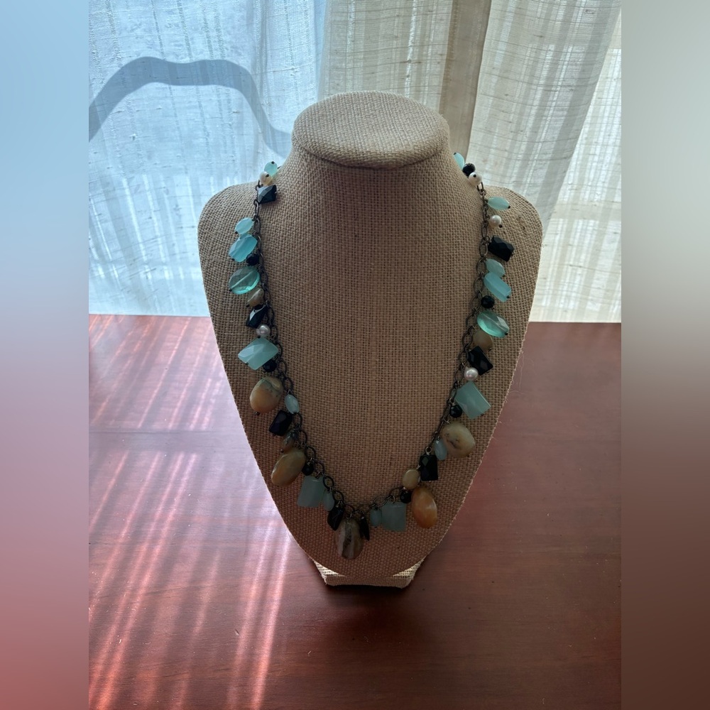 Fashion Jewelry Aqua, Black & Beige Beaded Statement Necklace